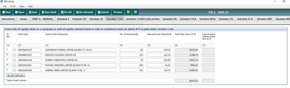 Screenshot of ITR2 filing utility for AY 2020-2021 LTCG part 3