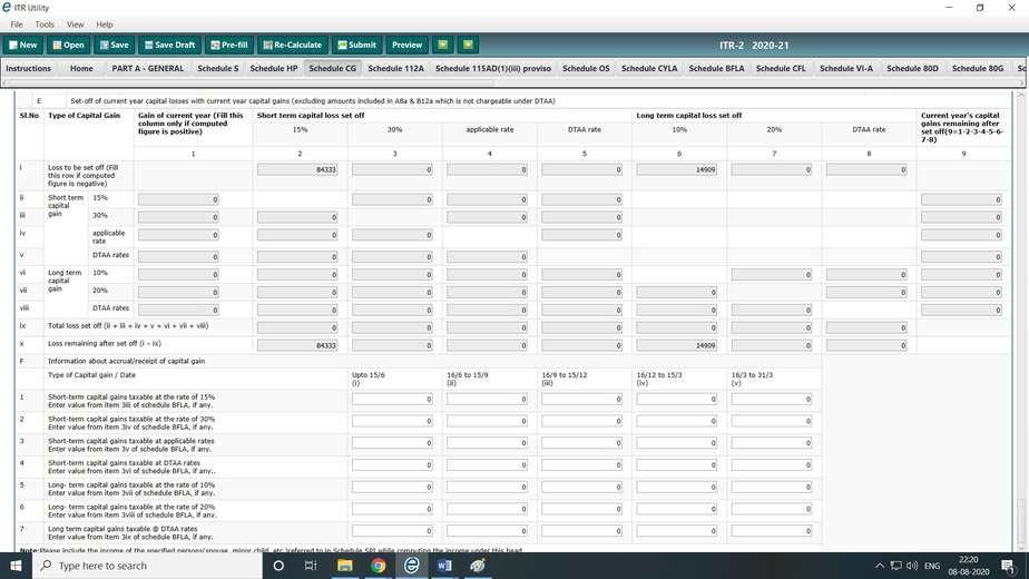 Screenshot of ITR2 filing utility for AY 2020-2021 LTCG set off