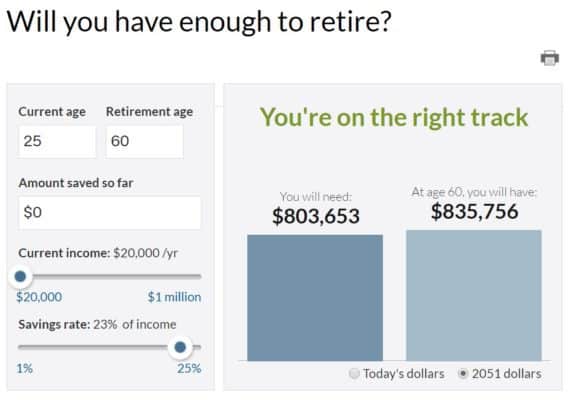 Screenshot of CNN money "will you have enough to retire calculator?"