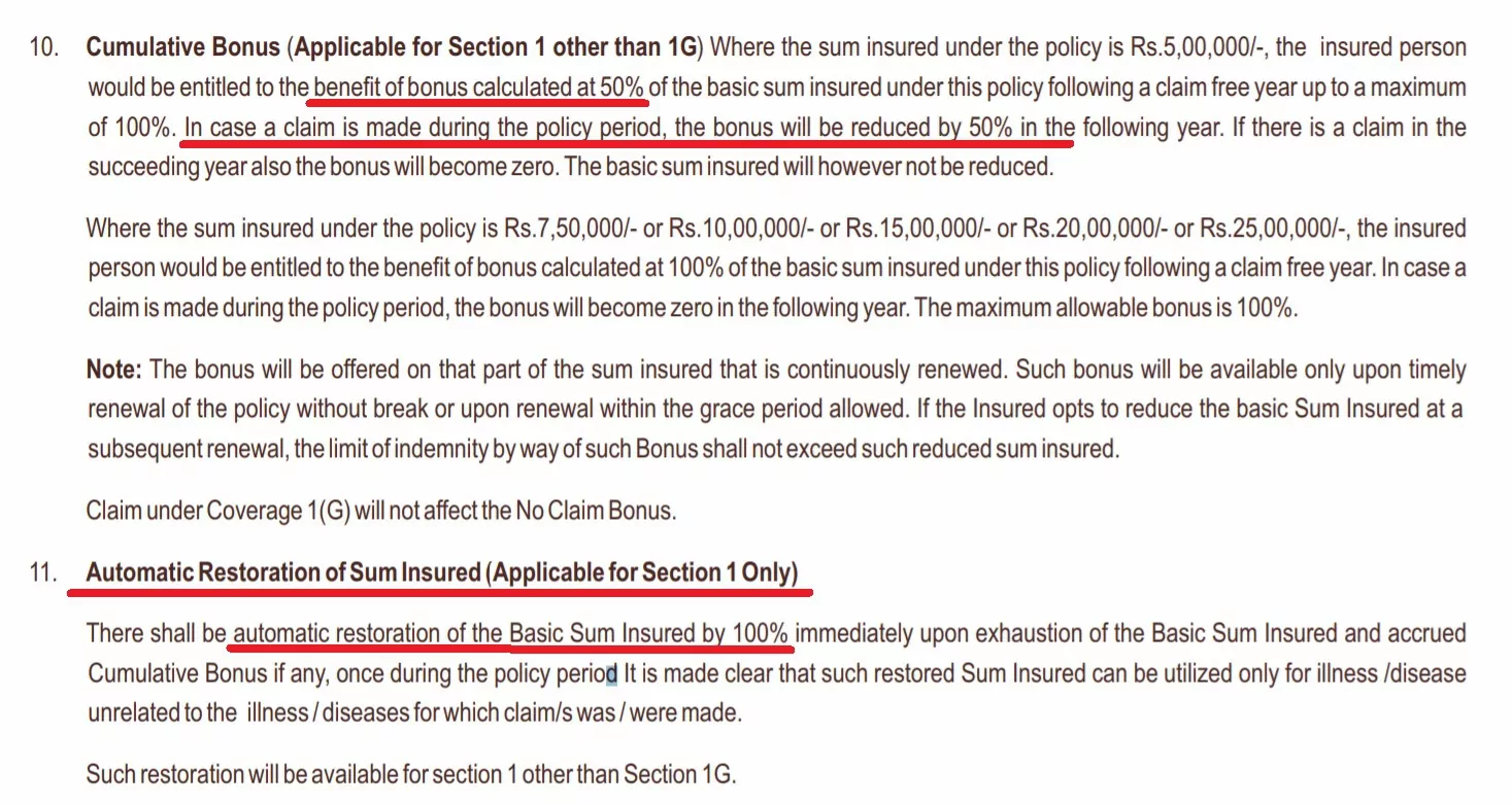 Star Health Insurance Cumulative Bonus and Automatic Restoration policy terms