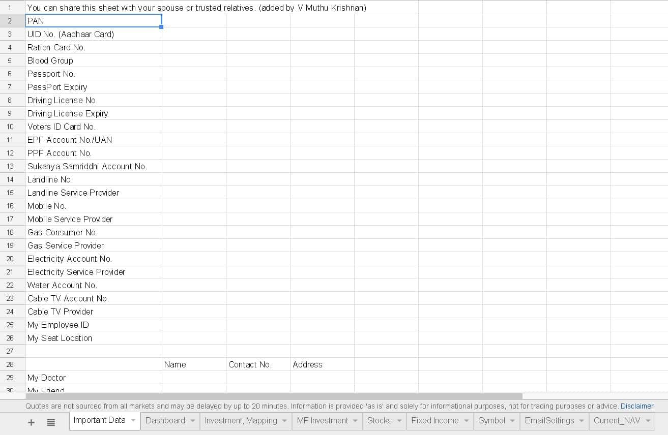 google spreadsheet portfolio tracker: important data