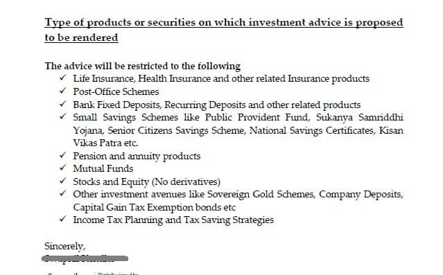 type of products or securities on which investment advice is proposed to be rendered