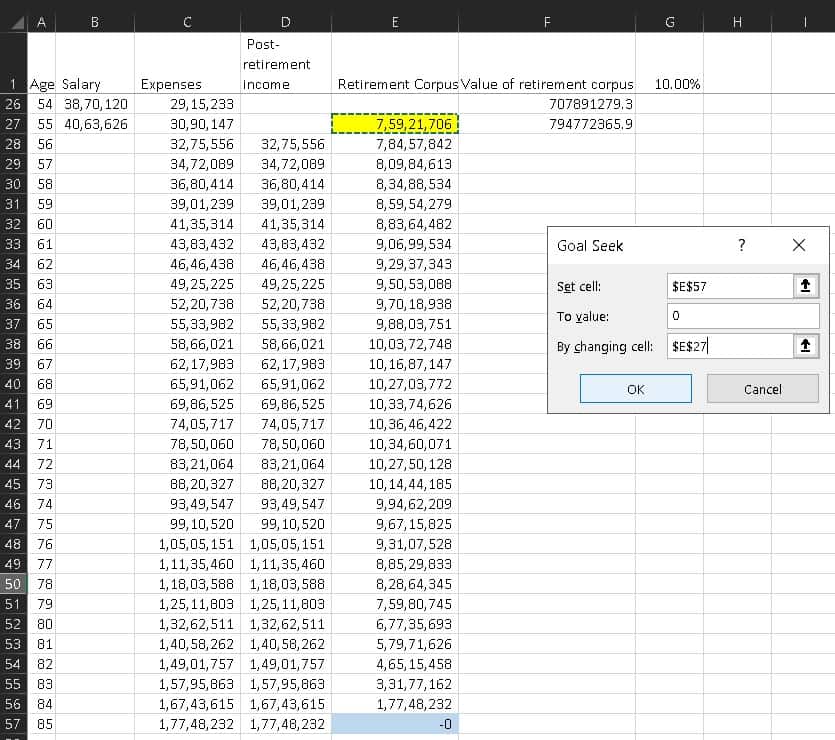 how to use goal seek to find retirement corpus in excel