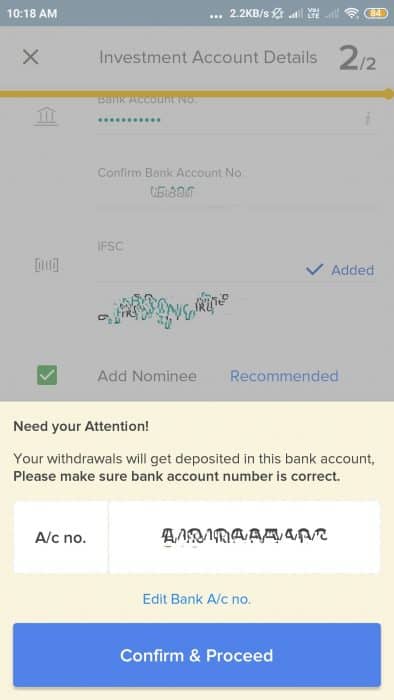 Bank account confirmation page in ETMoney