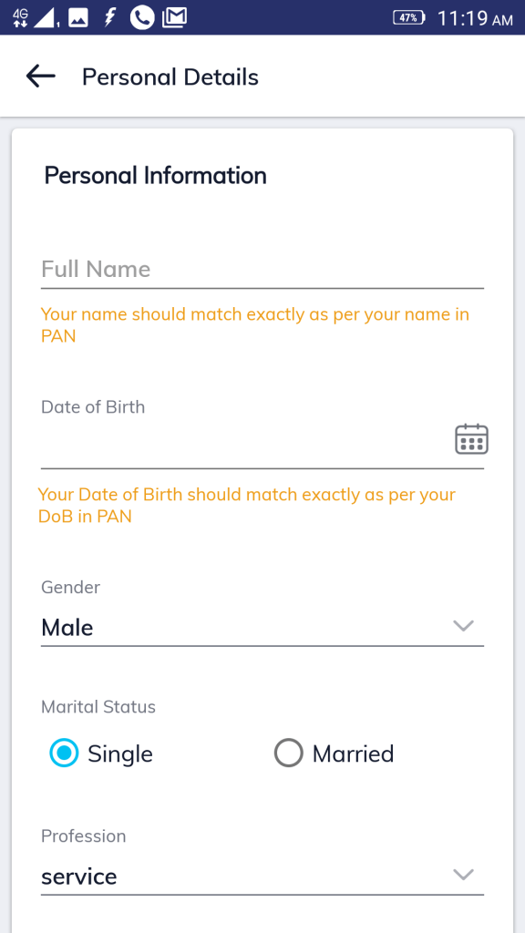 entering personal details for online KYC in Paytm Money