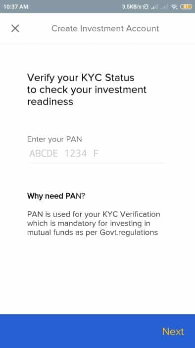ETMoney app Pan entry screen one