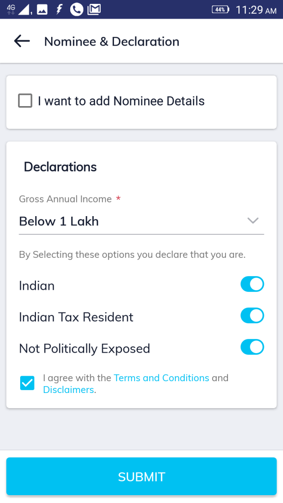 nomination details screen one for online mutual fund KYC