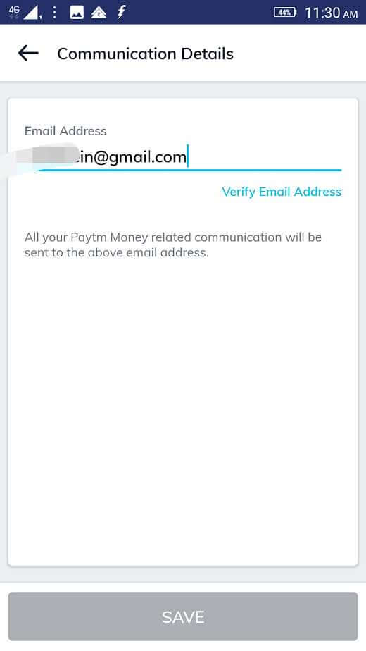 communication details screenshot in Paytm money