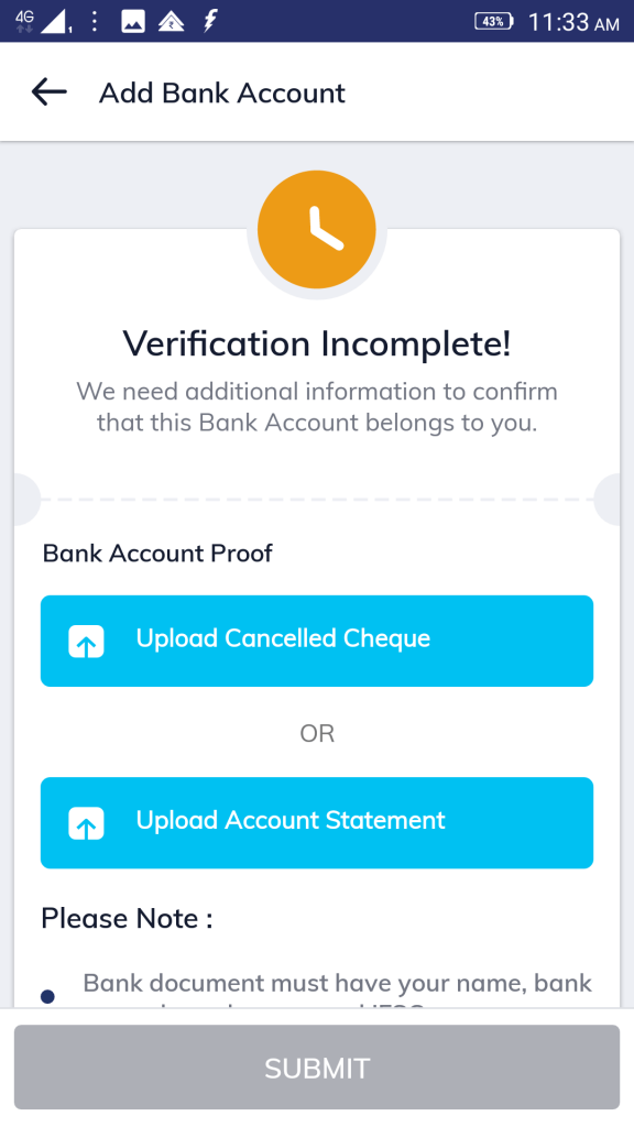 bank details for mutual fund KYC: screen three in Paytm money