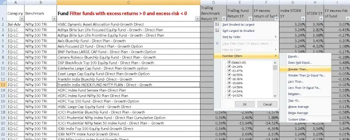 Excess-return vs excess risk screener: screenshot two