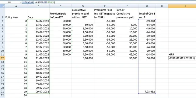 Insurance policy XIRR calculation