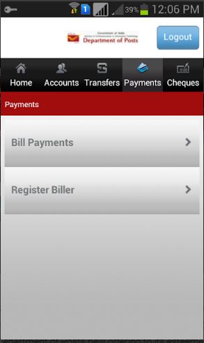 India Post Mobile Banking App Screenshot showing types of payments possible