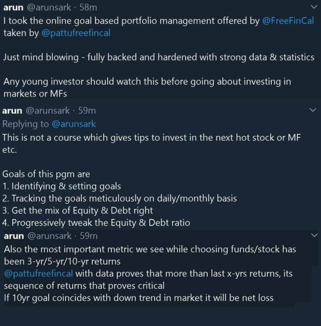 Feedback on Twitter about freefincal goal-based investing course (1) Feedback on Twitter about freefincal goal-based investing course (1)