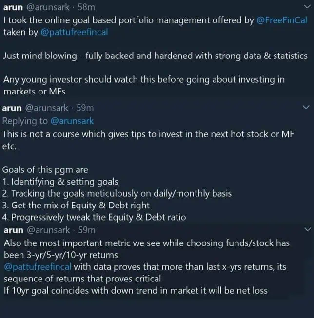Feedback on Twitter about freefincal goal-based investing course (1) Feedback on Twitter about freefincal goal-based investing course (1)