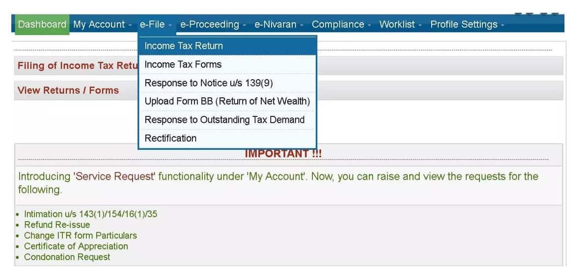 Choosing income tax return option in efiling dashboard