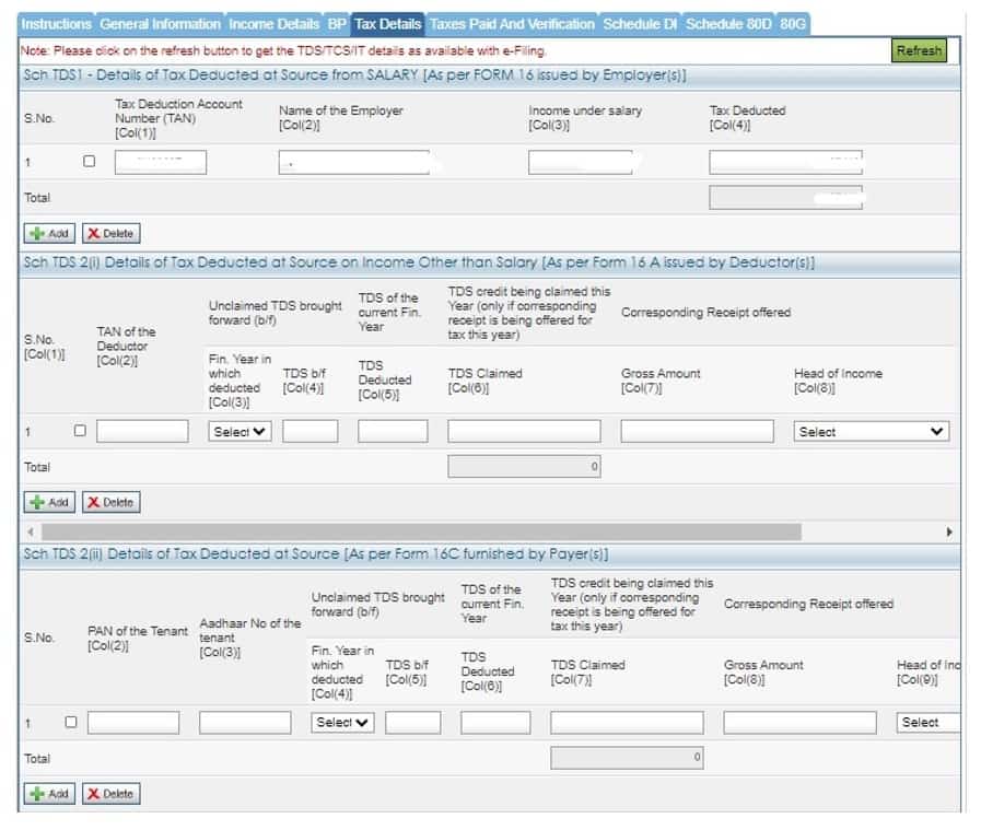 ITR4 Tax Details tab screenshot