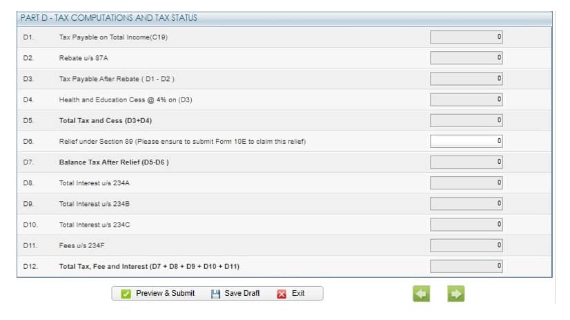 ITR4 Income Details Tab screenshot of Part D