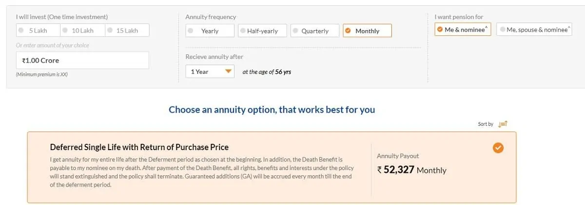 ICICI Pru Guaranteed Pension Plan Annuity Calculation Screenshot