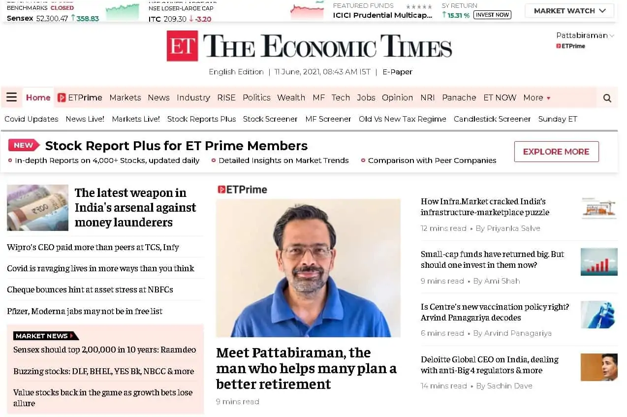Screenshot of the Economic Times featuring Dr. M. Pattabiraman taken on 11th June 2021 at 8 43 am IST