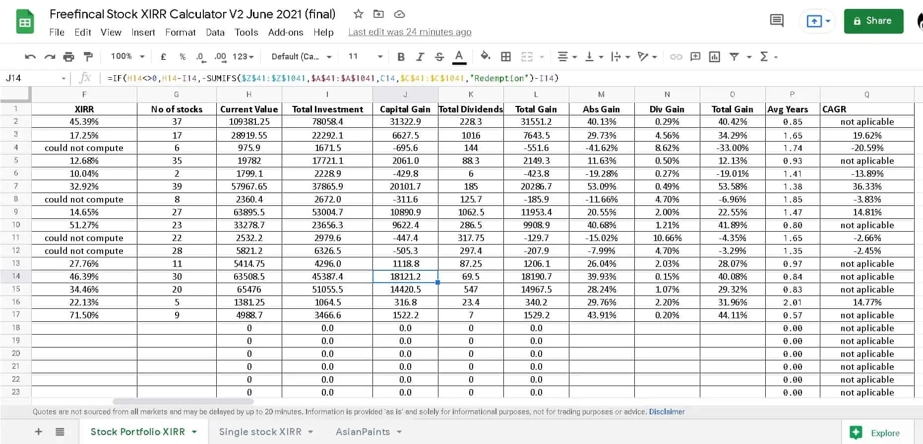 Freefincal stock XIRR calculator showing the portfolio XIRR sheet part two
