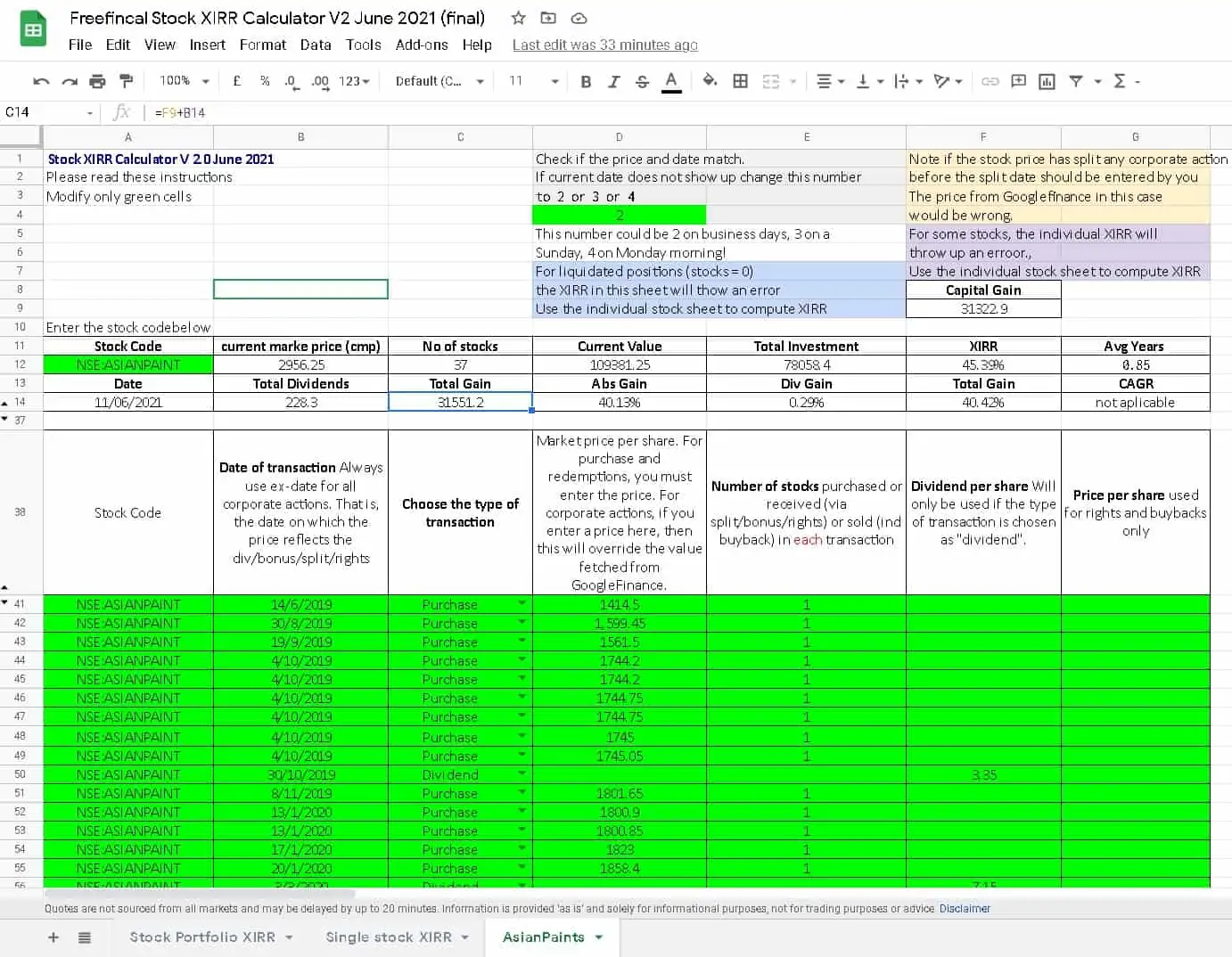 Single Stock XIRR Calculation