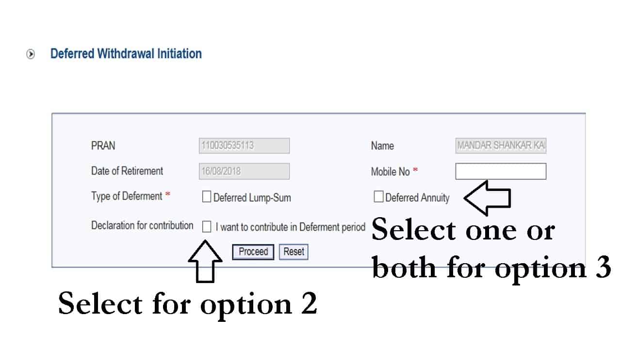 Withdrawal options from National Pension Scheme shown with a screenshot from NSDL e-Governance Infrastructure Limited the Central Recordkeeping Agency For National Pension System