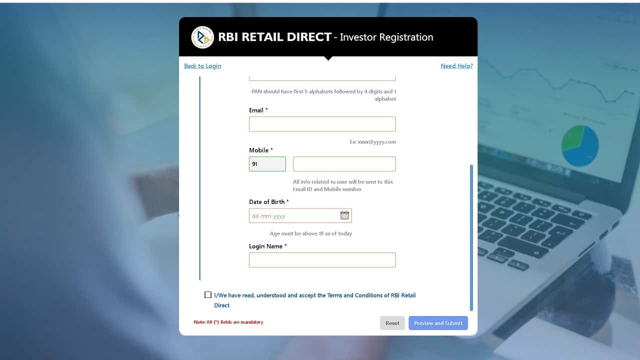 Screenshot of RBI Retail Direct Investor Registration page