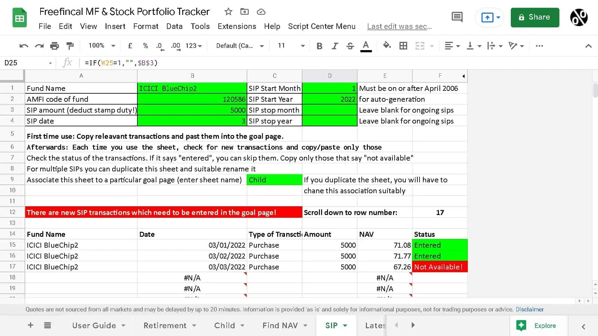 SIP Transactions page in the Freefincal MF and Stock Portfolio Tracker