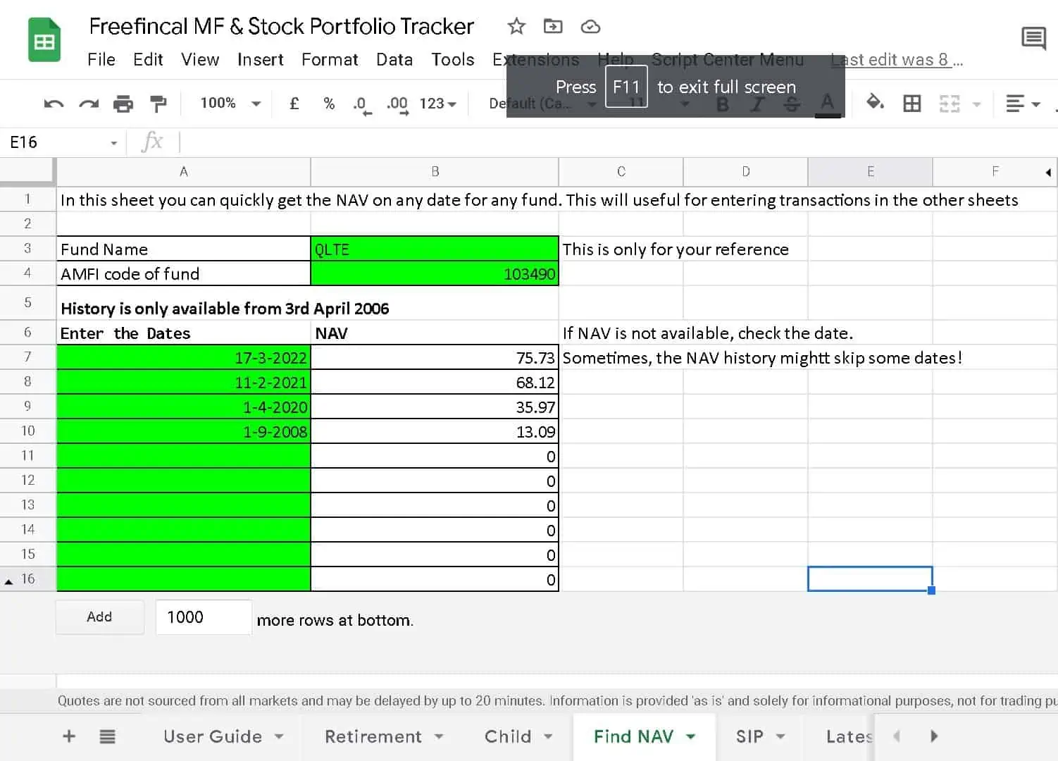Screenshot of Find NAV Page in the Freefincal MF and Stock Portfolio Tracker Screenshot of Find NAV Page in the Freefincal MF and Stock Portfolio Tracker