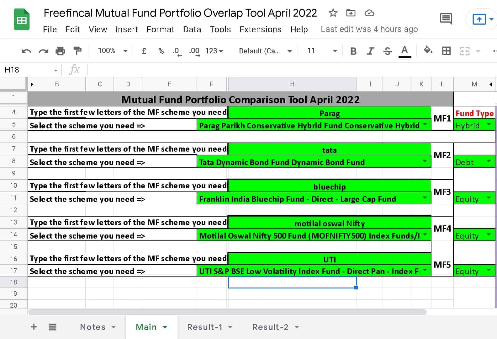 Screenshot of the Freefincal Mutual Fund Portfolio Overlap Tool - main dashboard