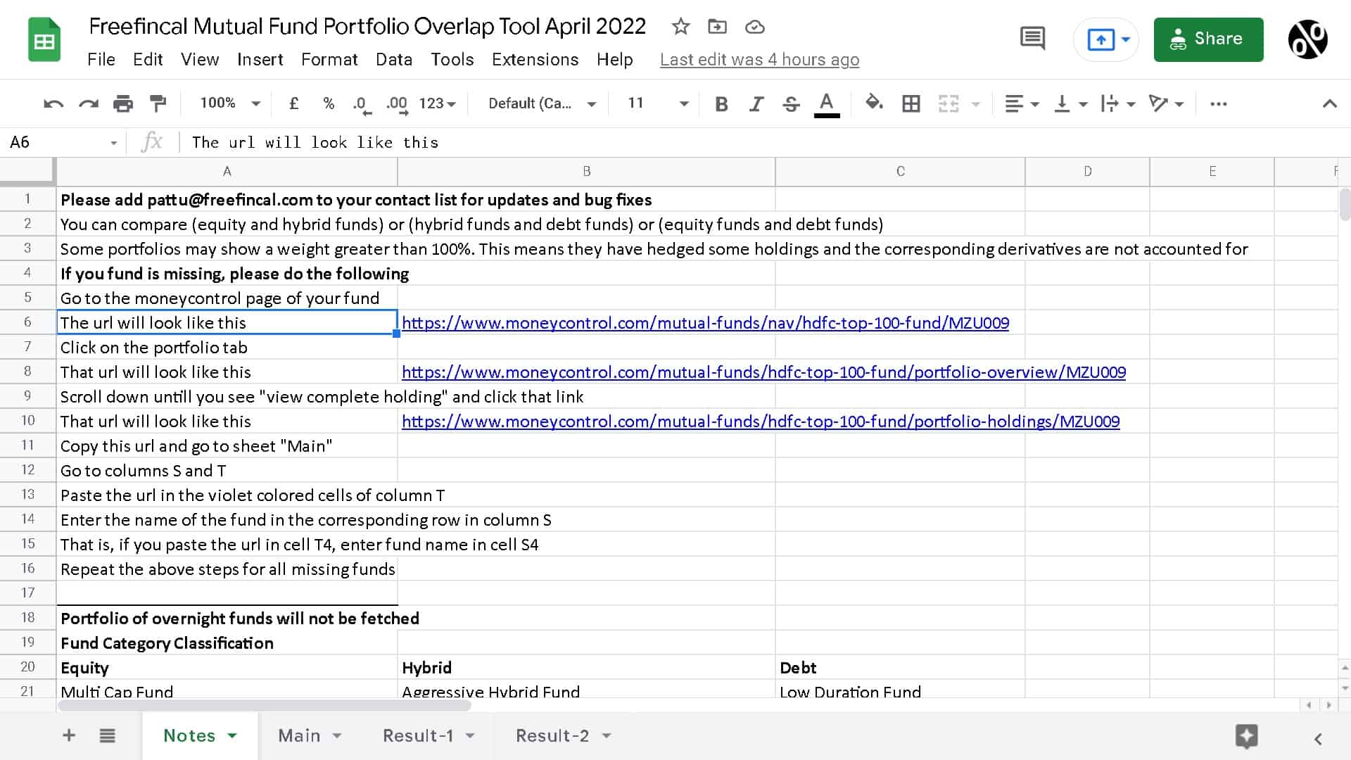 Screenshot of the Freefincal Mutual Fund Portfolio Overlap Tool - the notes page with helpful instructions