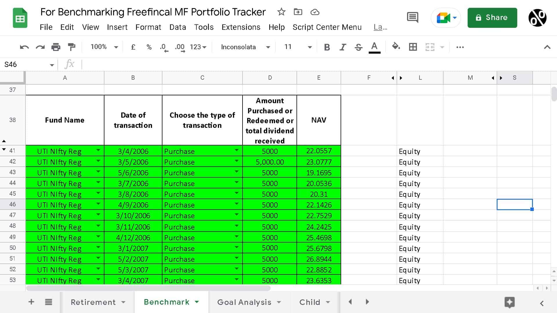 Benchmark mutual fund transactions with NAV in the tracker sheet