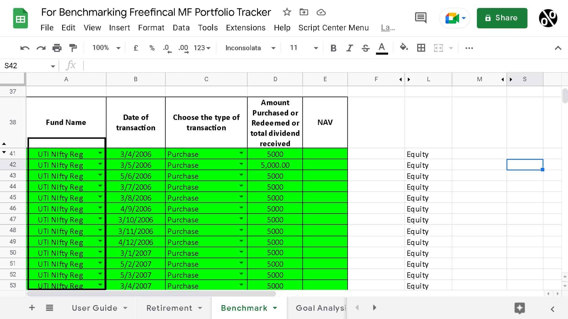 Screenshot of benchmark mutual fund transactions in the tracker sheet