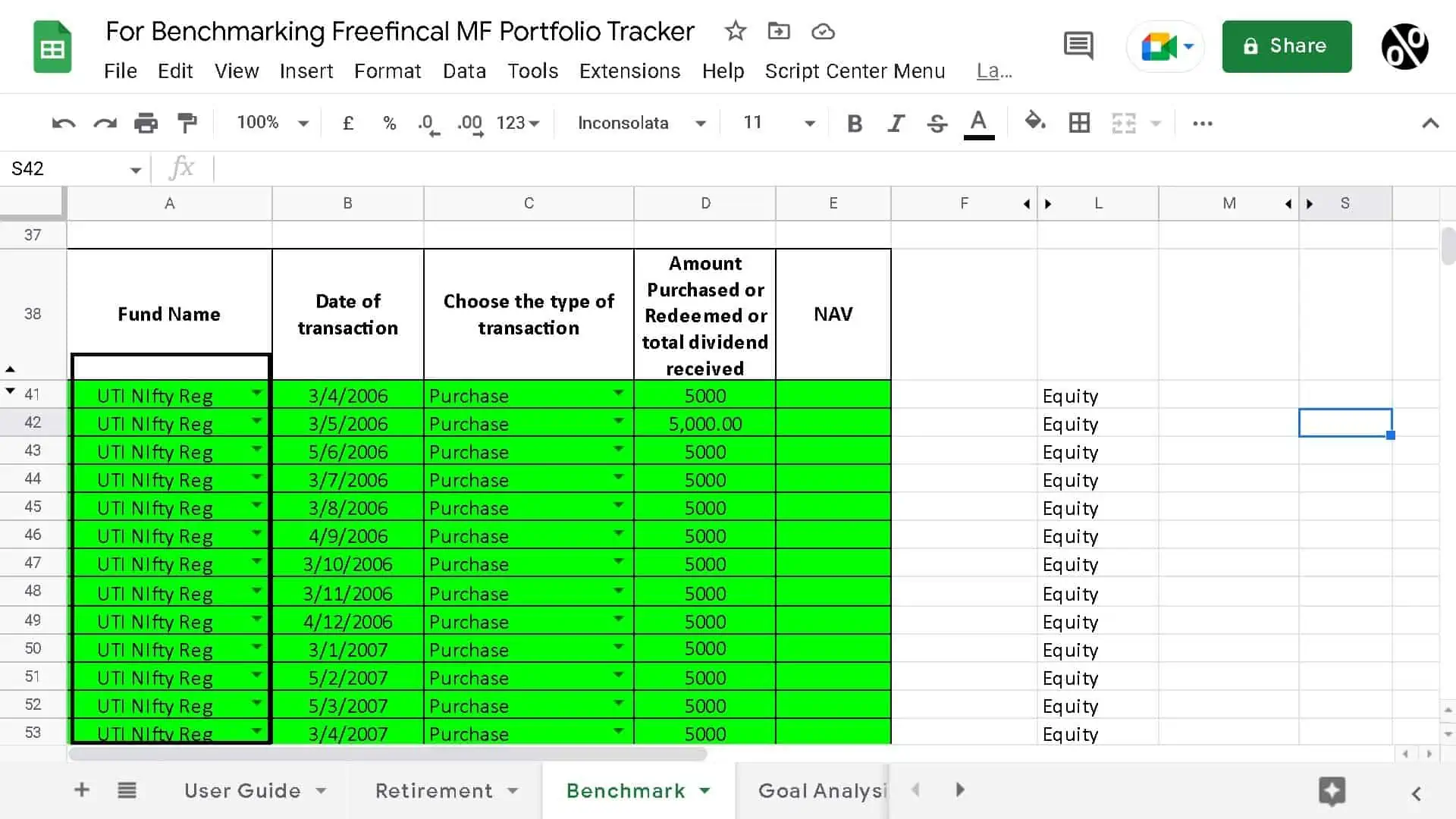 Screenshot of benchmark mutual fund transactions in the tracker sheet Screenshot of benchmark mutual fund transactions in the tracker sheet