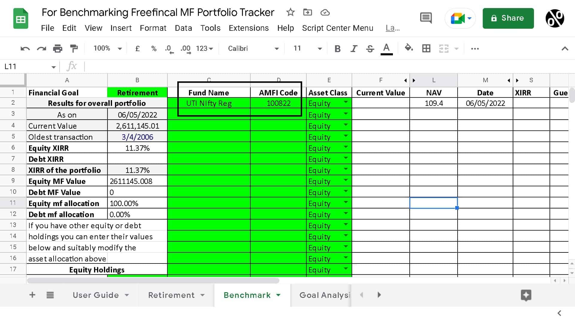 Screenshot of benchmark mutual funds and it AMFI code in the tracker sheet