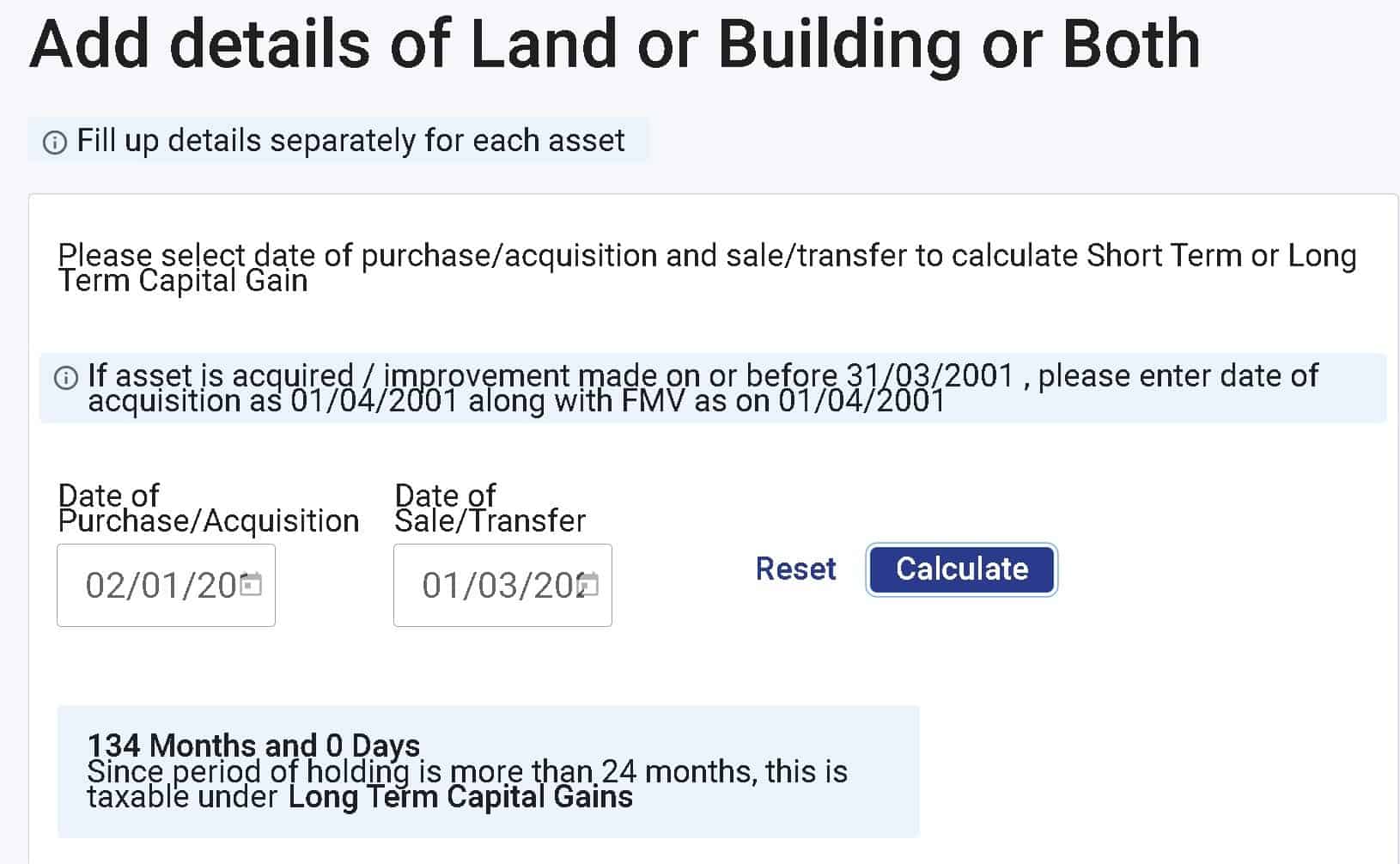 Entering date of property purchase and date of sale in ITR2