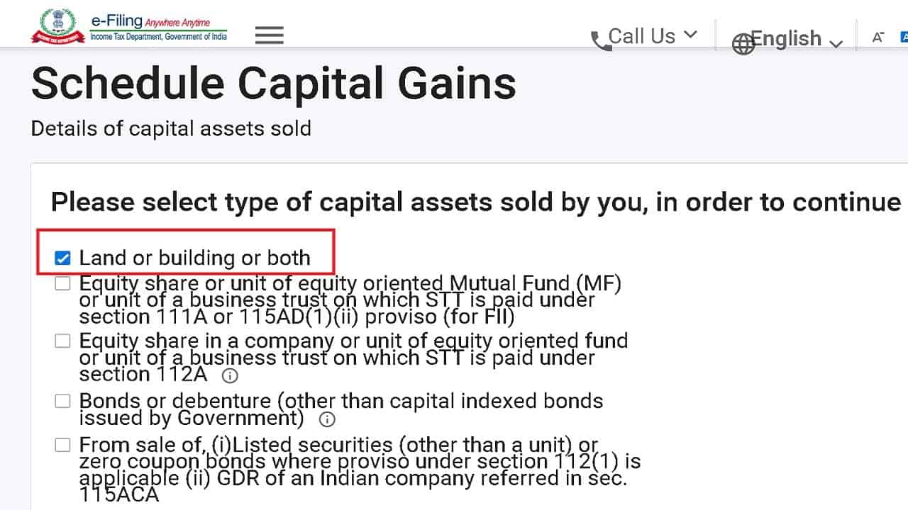 Selecting capital gains from land or building in ITR2 schedule CG