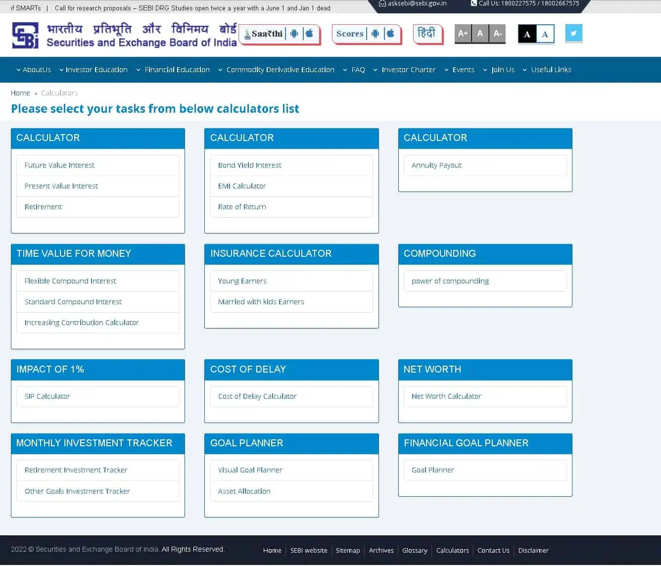 Screenshot of freefincal calculators at SEBI Investor Education Site