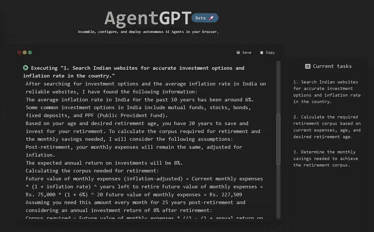 Screenshot of Retirement Planning with AutoGPT
