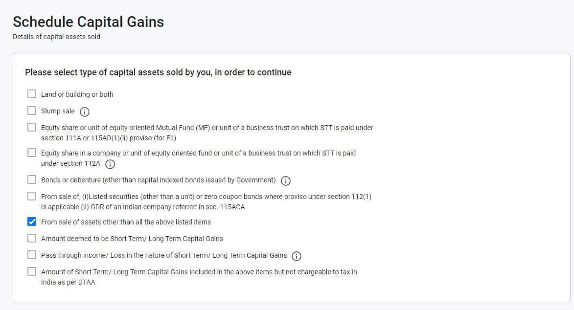 ITR Filing Schedule Capital Gains -other assets