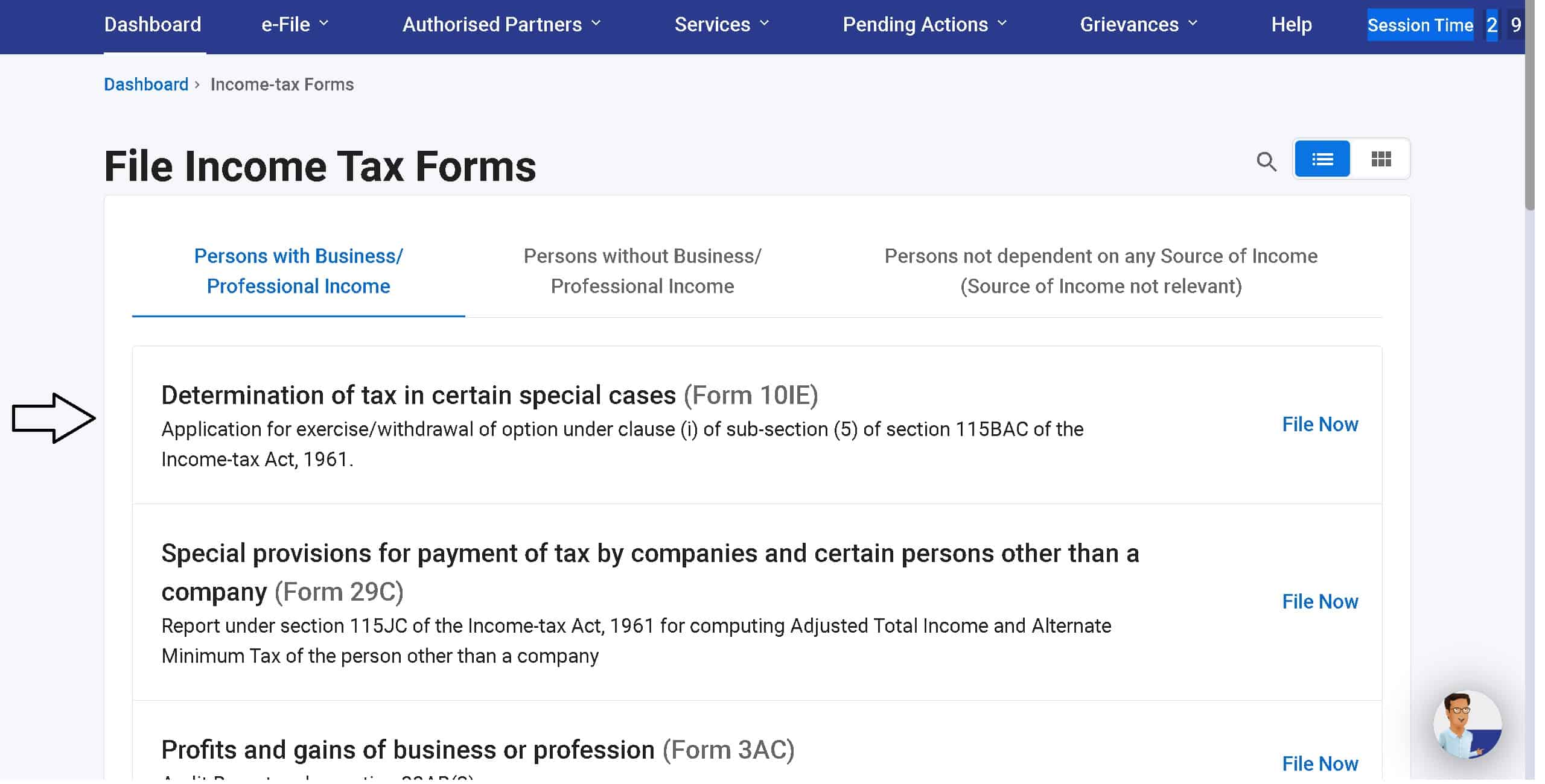 Screenshot of list of IT forms for Persons with Business or Professional Income with form 10-IE highlighted