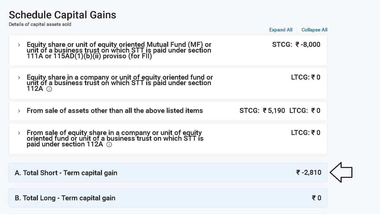 Screenshot of short term capital loss offset with short term capital gain in the online ITR2 utility Screenshot of short term capital loss offset with short term capital gain in the online ITR2 utility