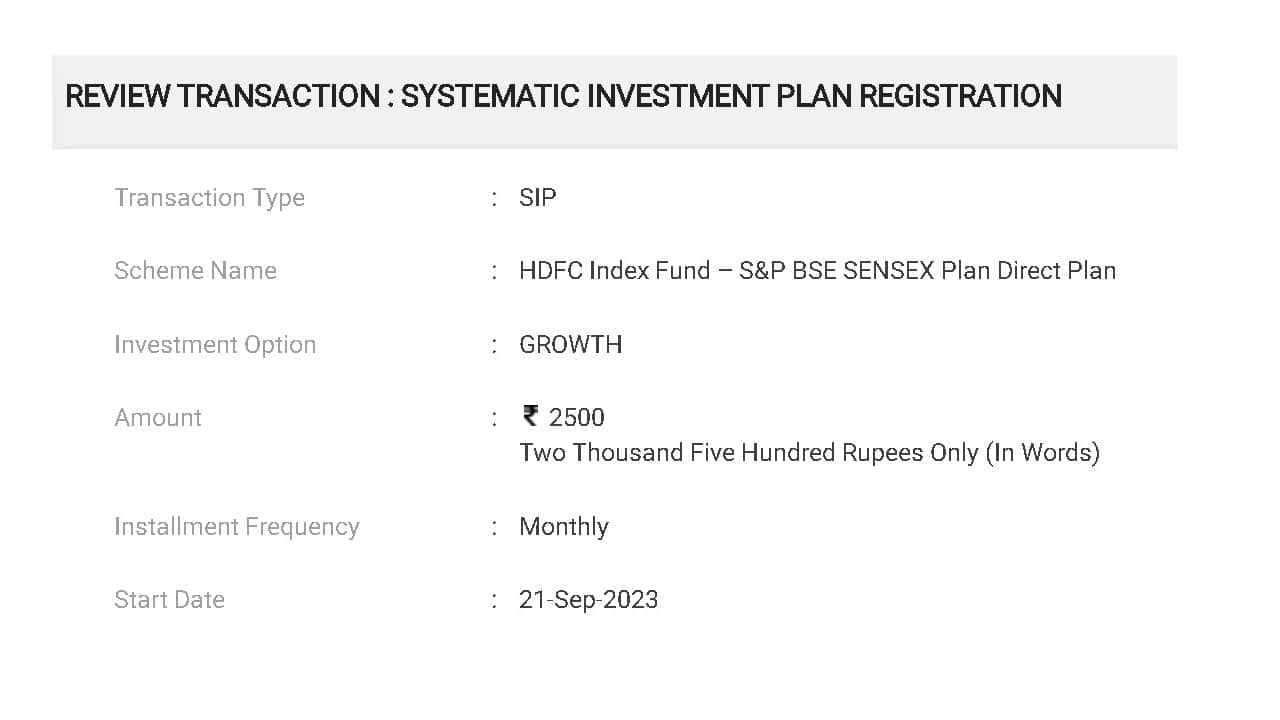 Screenshot of SIP registered with HDFC Sensex Index Fund