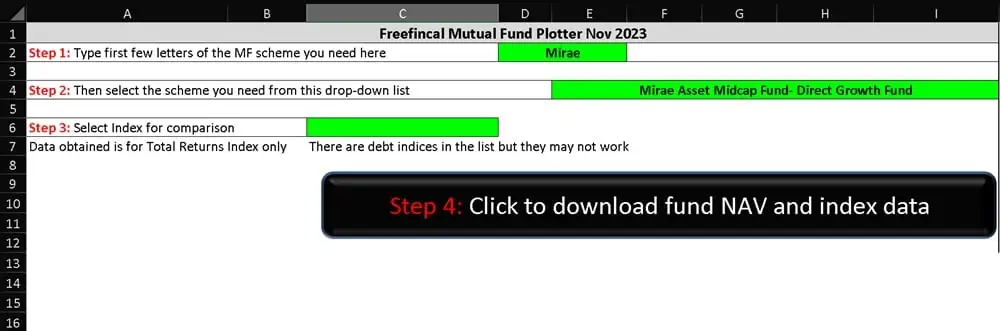 Screenshot of the freefincal mutual fund vs index plotter input page