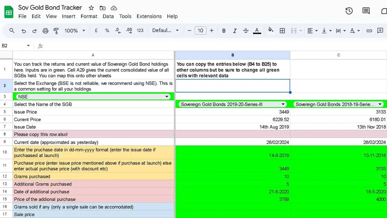 Screenshot of the Sovereign Gold Bonds Tracker on Google Sheets part 1