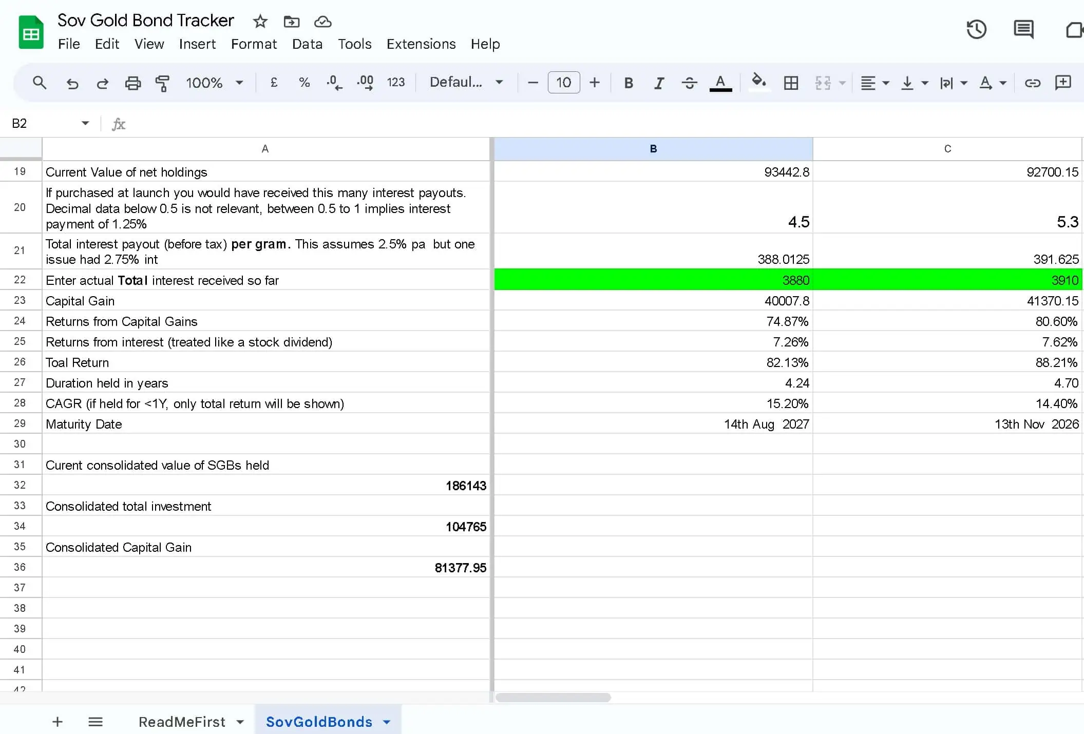 Screenshot of the Sovereign Gold Bonds Tracker on Google Sheets part 2