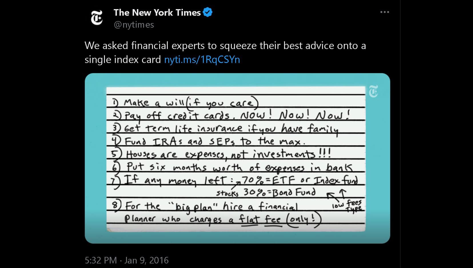 NY Times Tweet about personal financial advice on an index card NY Times Tweet about personal financial advice on an index card