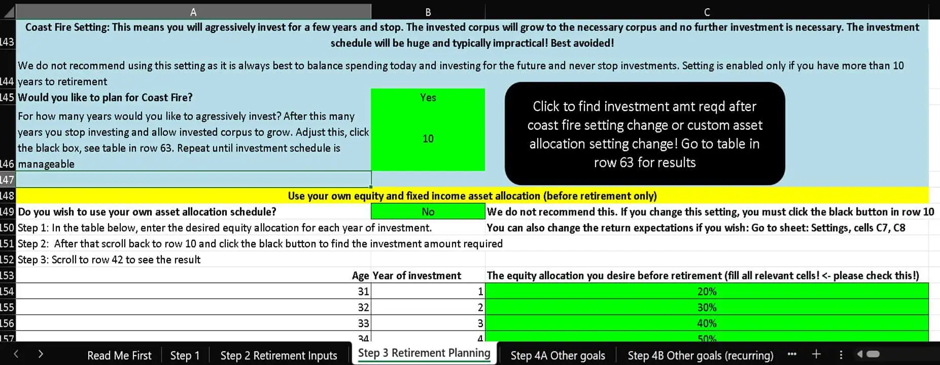 Screenshot of the coast fire settings in the freefincal robo advisor tool