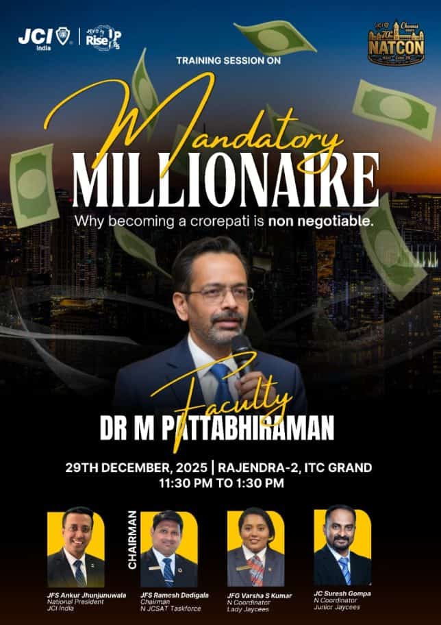 Poster for M Pattabiramans training session at JCI India's 70th National Convention Dec 29th 2025