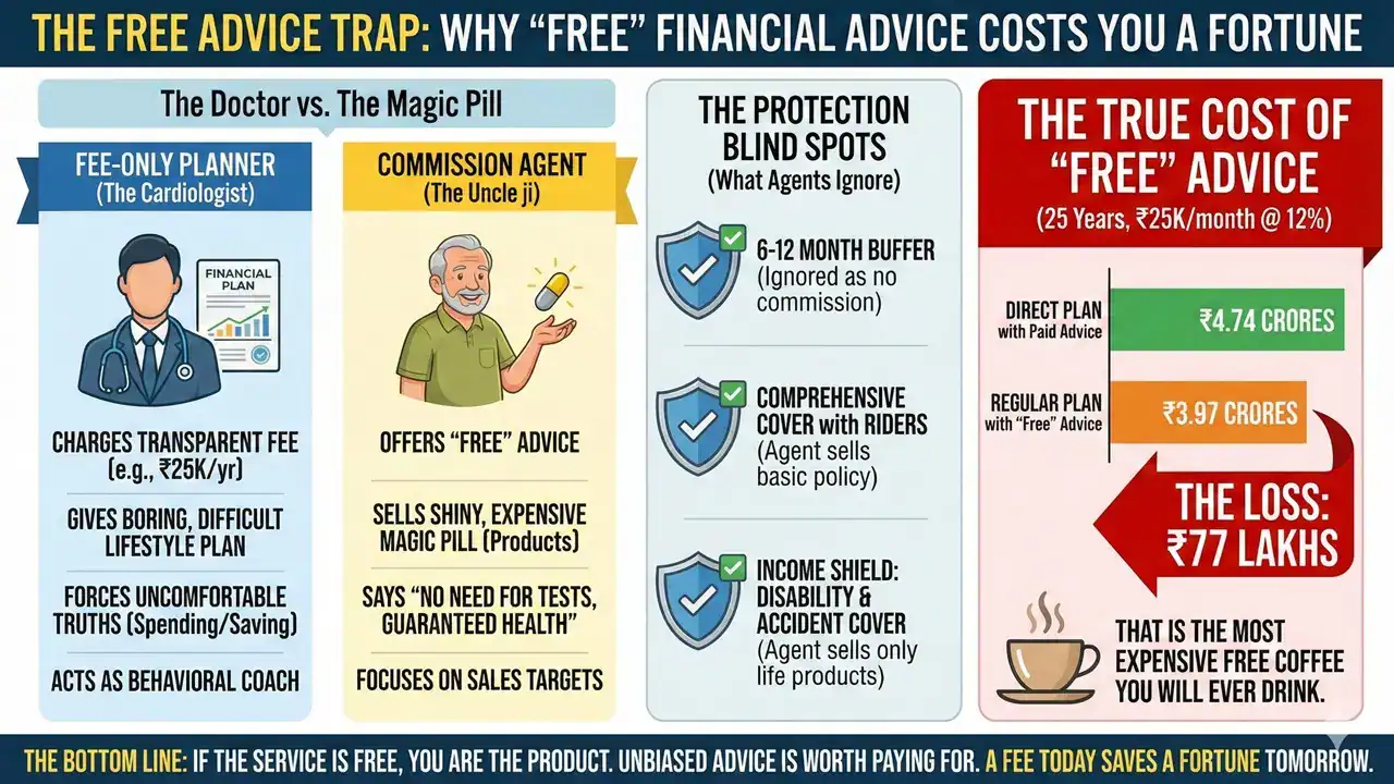 Infographic representing "The Free Advice Trap: Why We Hide from Financial Planners but Hug Insurance Agents" Infographic representing "The Free Advice Trap: Why We Hide from Financial Planners but Hug Insurance Agents"